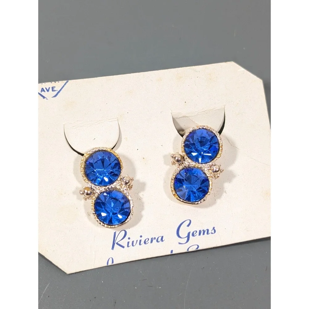 Vintage Riviera Gems Clip On Earrings Blue Rhinestone Round Linear Stacked‎